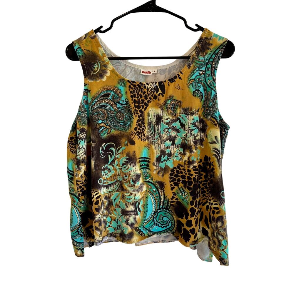 Tianello Large Sleeveless Brown Teal Cheetah Print Paisley Tank Top